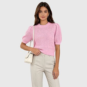 Womens Cropped Sweaters Casual Lightweight Crewneck Puff Short Sleeve Loose Pullover Tops