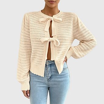 Womens Crochet Crew Neck Cardigan Bow Tie Front Long Lantern Sleeve Trendy Cute Sweaters