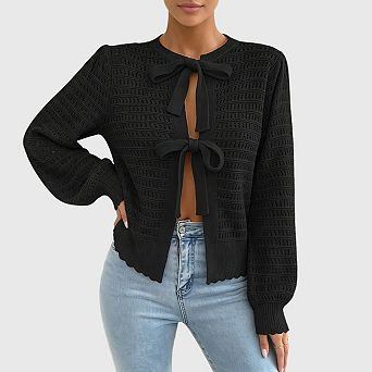 Womens Crochet Crew Neck Cardigan Bow Tie Front Long Lantern Sleeve Trendy Cute Sweaters