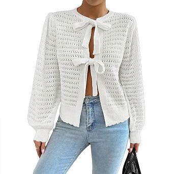 Womens Crochet Crew Neck Cardigan Bow Tie Front Long Lantern Sleeve Trendy Cute Sweaters