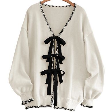 Womens Cardigan Sweaters V Neck Long Sleeve Open Front Bow Tie Knit Chunky Fall Outerwear