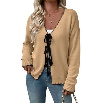 Womens Cardigan Sweaters V Neck Long Sleeve Open Front Bow Tie Knit Chunky Fall Outerwear