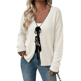 Womens Cardigan Sweaters V Neck Long Sleeve Open Front Bow Tie Knit Chunky Fall Outerwear
