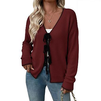 Womens Cardigan Sweaters V Neck Long Sleeve Open Front Bow Tie Knit Chunky Fall Outerwear
