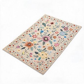 Washable Area Rug Non Slip, Ultra Soft Low Pile Boho Floral Carpet for Living Room Bedroom