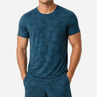 Men Camo Print Quick Dry Short Sleeve T Shirt Breathable Athletic Workout Running Performance Top