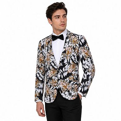 Men Palm Leaf Print Blazer Single Button Lapel Casual Suit Jacket For Party Wedding Holiday