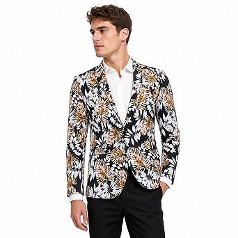 Men Palm Leaf Print Blazer Single Button Lapel Casual Suit Jacket For Party Wedding Holiday