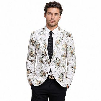 Men Palm Leaf Print Blazer Single Button Lapel Casual Suit Jacket For Party Wedding Holiday