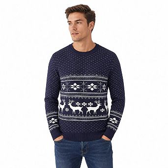 Men's Christmas Reindeer Snowflake Crew Neck Knit Sweater Long Sleeve Casual Holiday Pullover Top