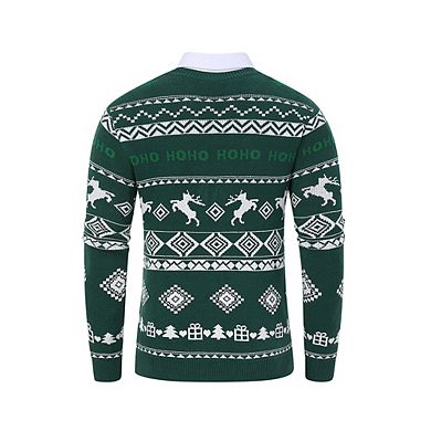 Men's Ugly Christmas Crew Neck Sweater Reindeer Gift Tree HOHO Jacquard Knit Pullover