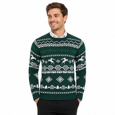 Men's Ugly Christmas Crew Neck Sweater Reindeer Gift Tree HOHO Jacquard Knit Pullover