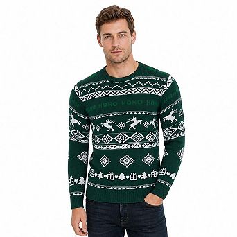 Men's Ugly Christmas Crew Neck Sweater Reindeer Gift Tree HOHO Jacquard Knit Pullover