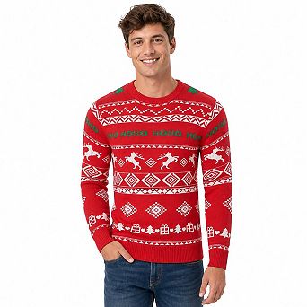 Men's Ugly Christmas Crew Neck Sweater Reindeer Gift Tree HOHO Jacquard Knit Pullover