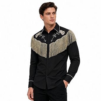Men's Western Fringe Floral Embroidered Long Sleeve Cowboy Shirt Lapel Button Down Top