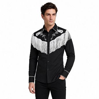 Men's Western Fringe Floral Embroidered Long Sleeve Cowboy Shirt Lapel Button Down Top
