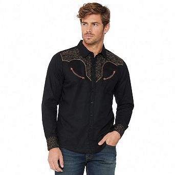 Men's Western Cowboy Embroidered Long Sleeve Shirt Lapel Button Down Casual Country Top