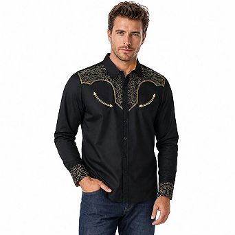 Men's Western Cowboy Embroidered Long Sleeve Shirt Lapel Button Down Casual Country Top