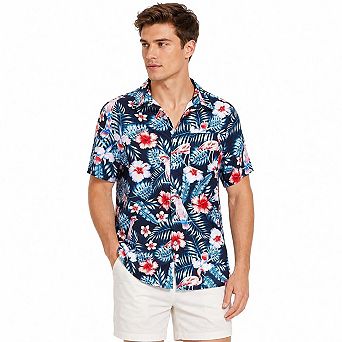 Men's Linen Blend Hawaiian Print Short Sleeve Shirt Casual Beach Button Down Camp Collar Top