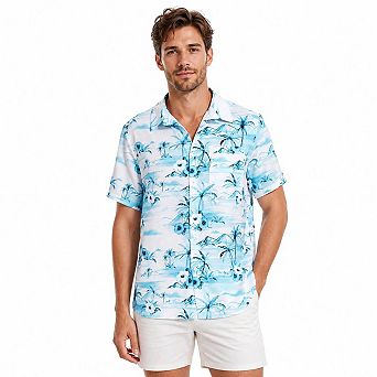 Men's Linen Blend Hawaiian Print Short Sleeve Shirt Casual Beach Button Down Camp Collar Top