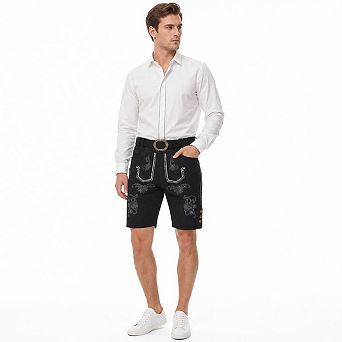Men's Oktoberfest Lederhosen Shorts Faux Suede Embroidered Bavarian Costume Shorts with Belt