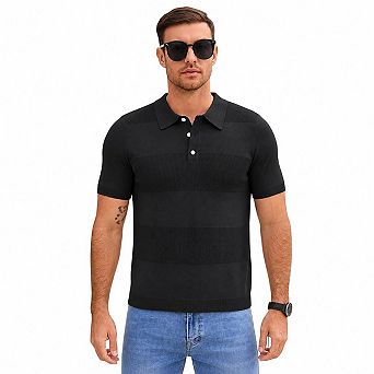 Men's Striped Knit T Shirt Short Sleeve Classic Collar Button Casual Tee Tops