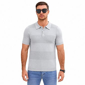 Men's Striped Knit T Shirt Short Sleeve Classic Collar Button Casual Tee Tops