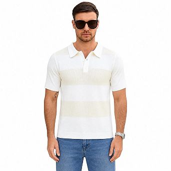 Men's Striped Knit T Shirt Short Sleeve Classic Collar Button Casual Tee Tops