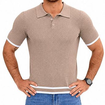 Men's Hollow Knit Polo T-Shirt Short Sleeve Contrast Striped Collared Button Casual Top