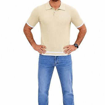 Men's Hollow Knit Polo T-Shirt Short Sleeve Contrast Striped Collared Button Casual Top