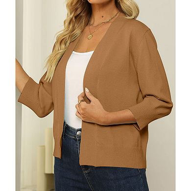 Women's Open Front Cropped Cardigan 3/4 Sleeve Lightweight Knit Shrug Sweater