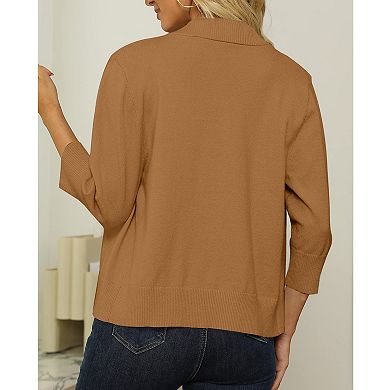 Women's Open Front Cropped Cardigan 3/4 Sleeve Lightweight Knit Shrug Sweater