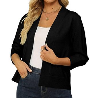 Women's Open Front Cropped Cardigan 3/4 Sleeve Lightweight Knit Shrug Sweater