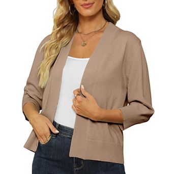 Women's Open Front Cropped Cardigan 3/4 Sleeve Lightweight Knit Shrug Sweater