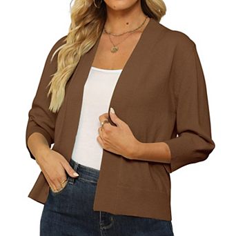 Women's Open Front Cropped Cardigan 3/4 Sleeve Lightweight Knit Shrug Sweater