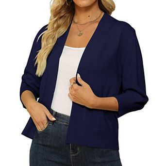 Women's Open Front Cropped Cardigan 3/4 Sleeve Lightweight Knit Shrug Sweater