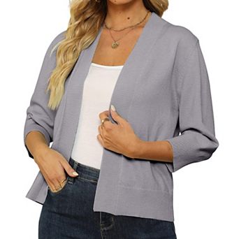 Women's Open Front Cropped Cardigan 3/4 Sleeve Lightweight Knit Shrug Sweater