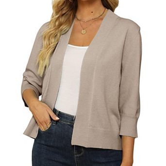 Women's Open Front Cropped Cardigan 3/4 Sleeve Lightweight Knit Shrug Sweater