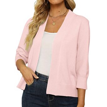 Women's Open Front Cropped Cardigan 3/4 Sleeve Lightweight Knit Shrug Sweater
