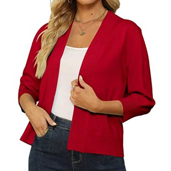 Women's Open Front Cropped Cardigan 3/4 Sleeve Lightweight Knit Shrug Sweater