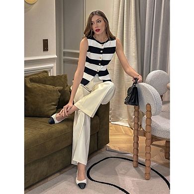Women's Striped Knit Vest Top Crew Neck Sleeveless Versatile Top