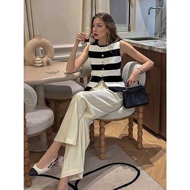 Women's Striped Knit Vest Top Crew Neck Sleeveless Versatile Top