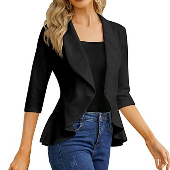 Women's Cropped 3/4 Sleeve Ruffled Hem Blazer Open Front Casual Business Peplum Suit Jacket