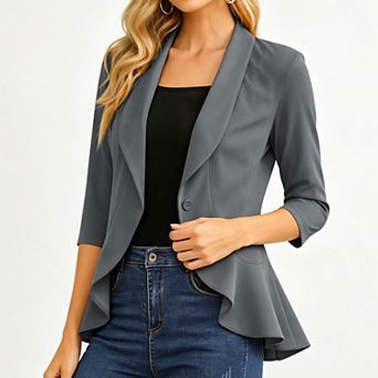 Women's Cropped 3/4 Sleeve Ruffled Hem Blazer Open Front Casual Business Peplum Suit Jacket
