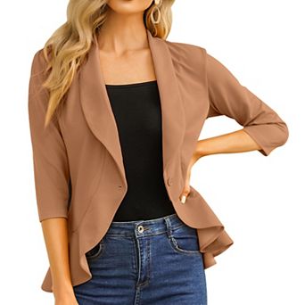 Women's Cropped 3/4 Sleeve Ruffled Hem Blazer Open Front Casual Business Peplum Suit Jacket