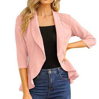 Women's Cropped 3/4 Sleeve Ruffled Hem Blazer Open Front Casual Business Peplum Suit Jacket