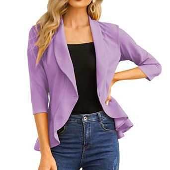 Women's Cropped 3/4 Sleeve Ruffled Hem Blazer Open Front Casual Business Peplum Suit Jacket
