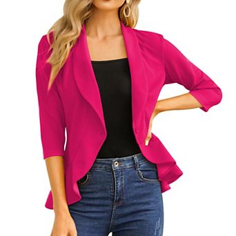 Women's Cropped 3/4 Sleeve Ruffled Hem Blazer Open Front Casual Business Peplum Suit Jacket
