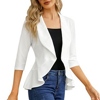 Women's Cropped 3/4 Sleeve Ruffled Hem Blazer Open Front Casual Business Peplum Suit Jacket