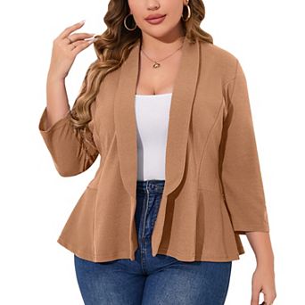 Women's Plus Size Shawl Collar Blazer 3/4 Sleeve Open Front Casual & Business Peplum Suit Jacket